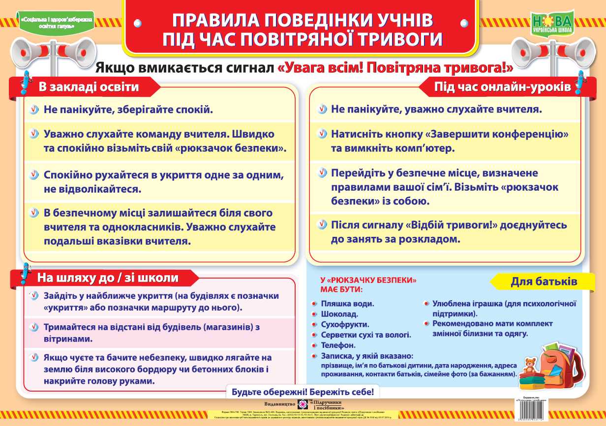 Правила поведінки учнів під час повітряної тривоги. Плакат