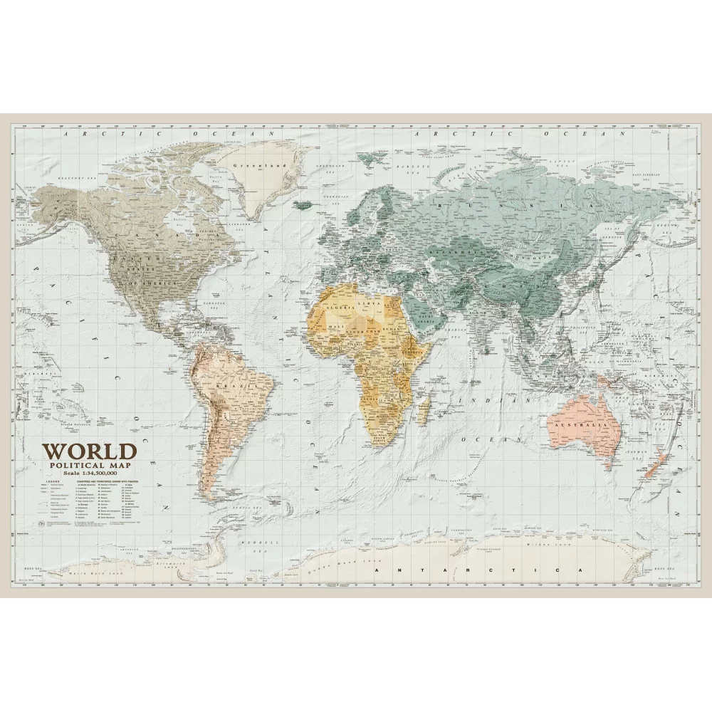 Карта світу політична (World) 88x60 см М 1 : 34 500 000 глянцевий папір на планках