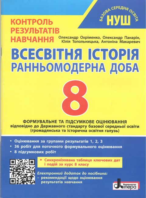 Всесвітня історія. 8 клас НУШ. Тестовий контроль результатів навчання + Оцінювання за групами результатів  Охріменко О.,  Панарін О.  та інші