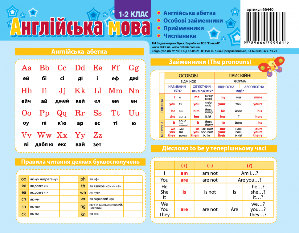 Картонка-підказка Англійська мова 1 клас  20*15 см